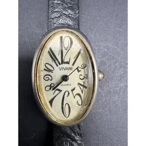 Vivani Women's Wristwatch Silver-Tone with Oval Face Art Deco Black Leather